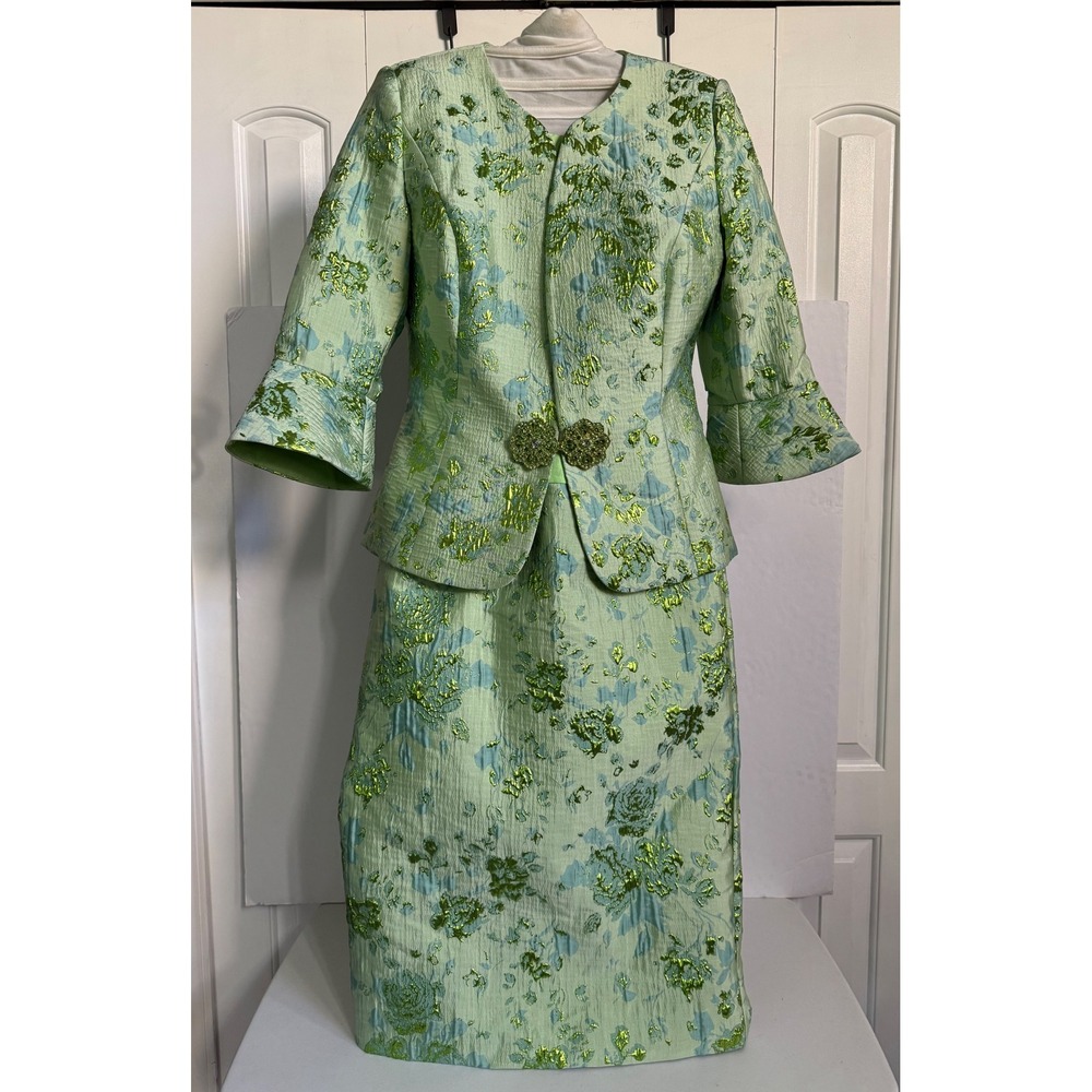 VTG Lily & Taylor 3 Piece Skirt Suit Set Lime Green Blue Floral Brocade Size 6